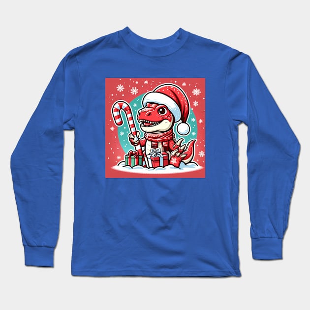 Red Christmas T-Rex Long Sleeve T-Shirt by Sketchy